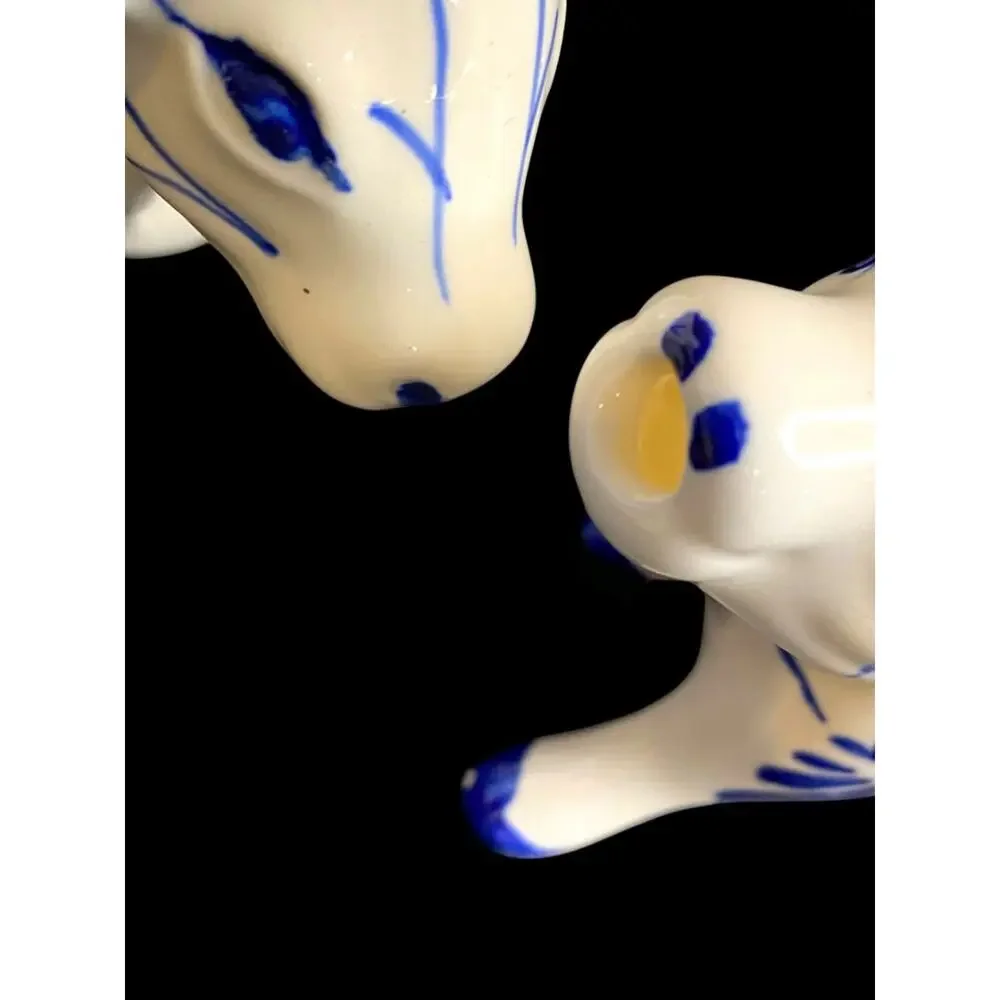 Vintage Delft Style Figural Cow Creamer and Sugar Set Windmill Design